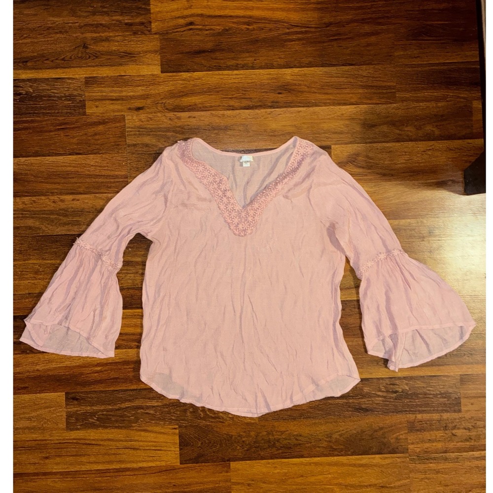 Spense Pink Crochet Lace V-Neck Bell Sleeve Blouse XL Crinkle Boho Top